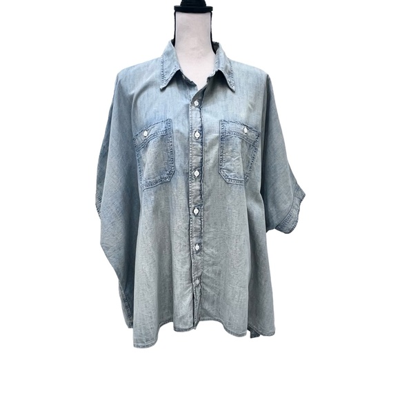 R13 FADED DENIM BLUE OVERSIZED BOXY BUTTON UP SHORT SLEEVE SHIRT - Picture 5 of 16
